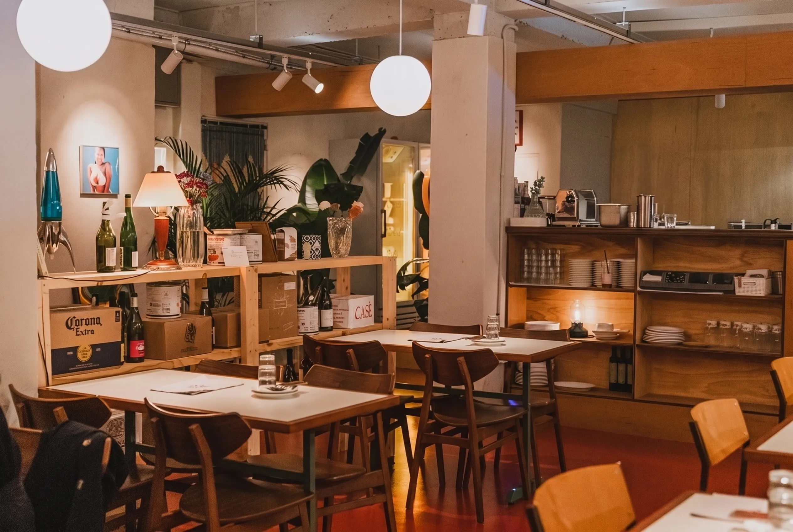 누에파스타하우스 다이닝 구형 조명 아래 나무 테이블과 붉은 바닥 목재 선반에 와인병